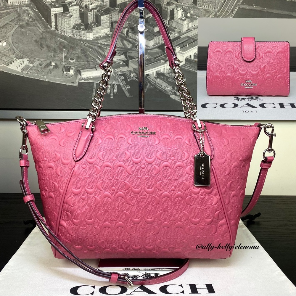 COACH 2 PCS SET SMALL KELSEY CHAIN SATCHEL SIGNATURE EMBOSSED LEATHER AND WALLET